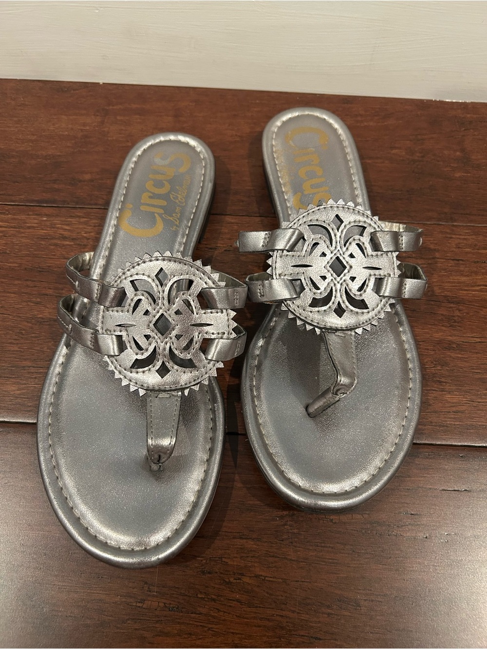 Circus by Sam Edelman Canyon Flat Metallic Silver Laser-Cut Thong Sandals size 6